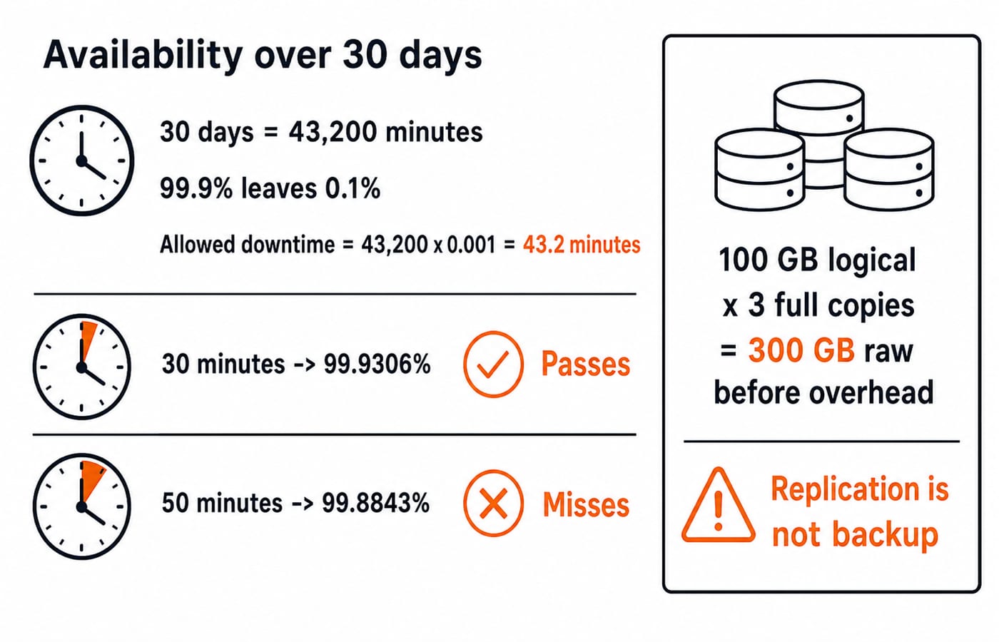 Availability panel showing 43.2 minutes of allowed downtime at 99.9 percent over a 30-day month, and 100 GB stored as 300 GB raw.