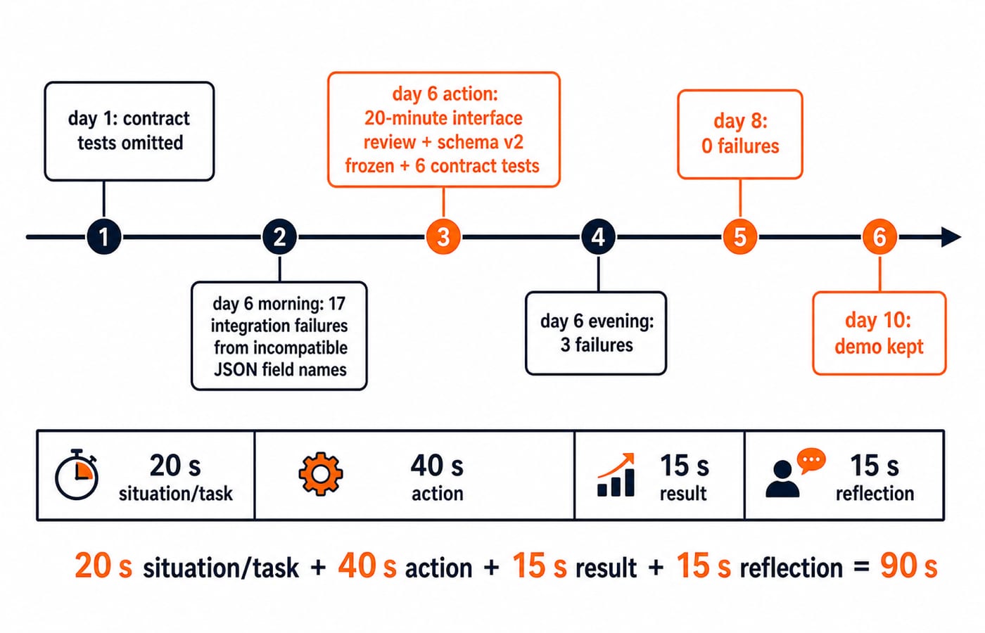 STAR timeline of a ten-day project: 17 failing tests on day 6 fall to 3 that evening and 0 by day 8, with the day-10 demo kept.
