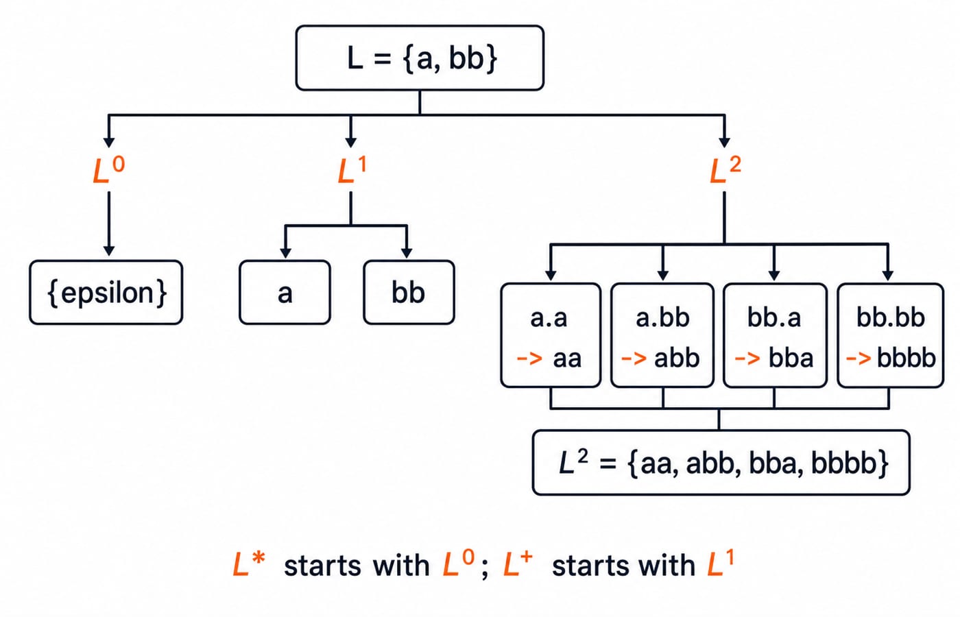Exact expansion of language powers for L = {a, bb}. Use a three-level tree with root “L = {a, bb}”. The L^0 branch ends at one box “{epsilon}”. The L^1 branch ends at two boxes “a” and “bb”. The L^2 branch shows the four ordered pairings a.a -> aa, a.bb -> abb, bb.a -> bba and bb.bb -> bbbb, then collects them into “L^2 = {aa, abb, bba, bbbb}”. Beneath the tree write “L* starts with L^0; L+ starts with L^1”. Do not introduce any other strings or merge the order-sensitive pairings.