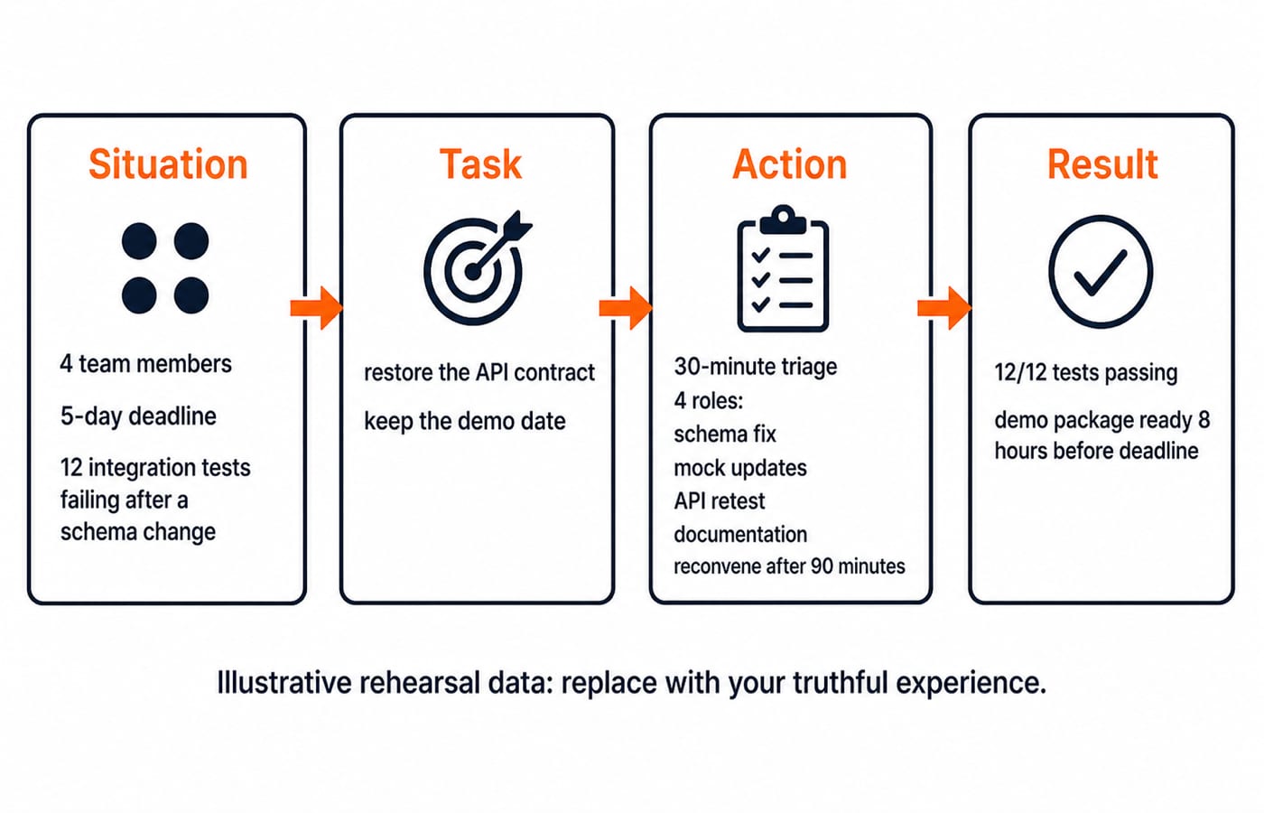 STAR structure for the fictional four-member API rehearsal case. Show four connected boxes in order. Situation contains exactly 4 team members, 5-day deadline, 12 integration tests failing after a schema change. Task contains exactly restore the API contract and keep the demo date. Action contains exactly 30-minute triage, 4 roles: schema fix, mock updates, API retest, documentation, and reconvene after 90 minutes. Result contains exactly 12/12 tests passing and demo package ready 8 hours before deadline. Add a footer: Illustrative rehearsal data: replace with your truthful experience. Do not add a candidate name, employer, blame statement or selection outcome.