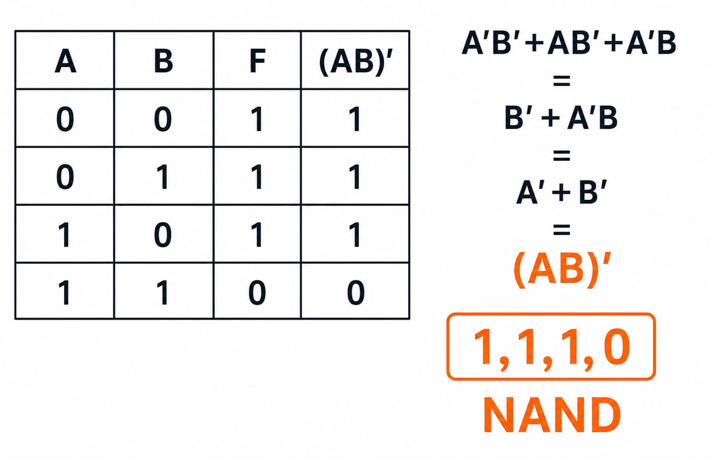Function-equivalence truth-table check for F(A,B)=A'B'+AB'+A'B against (AB)'. Show exactly four rows in order: A=0,B=0,F=1,(AB)'=1; A=0,B=1,F=1,(AB)'=1; A=1,B=0,F=1,(AB)'=1; A=1,B=1,F=0,(AB)'=0. Beside the table show the exact algebra chain A'B'+AB'+A'B = B'+A'B = A'+B' = (AB)'. Label the final output pattern 1,1,1,0 as NAND. Do not add gates, rows, values or identities not listed here.