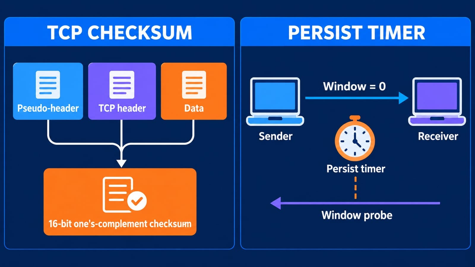 TCP checksum components and the persist-timer zero-window probe.