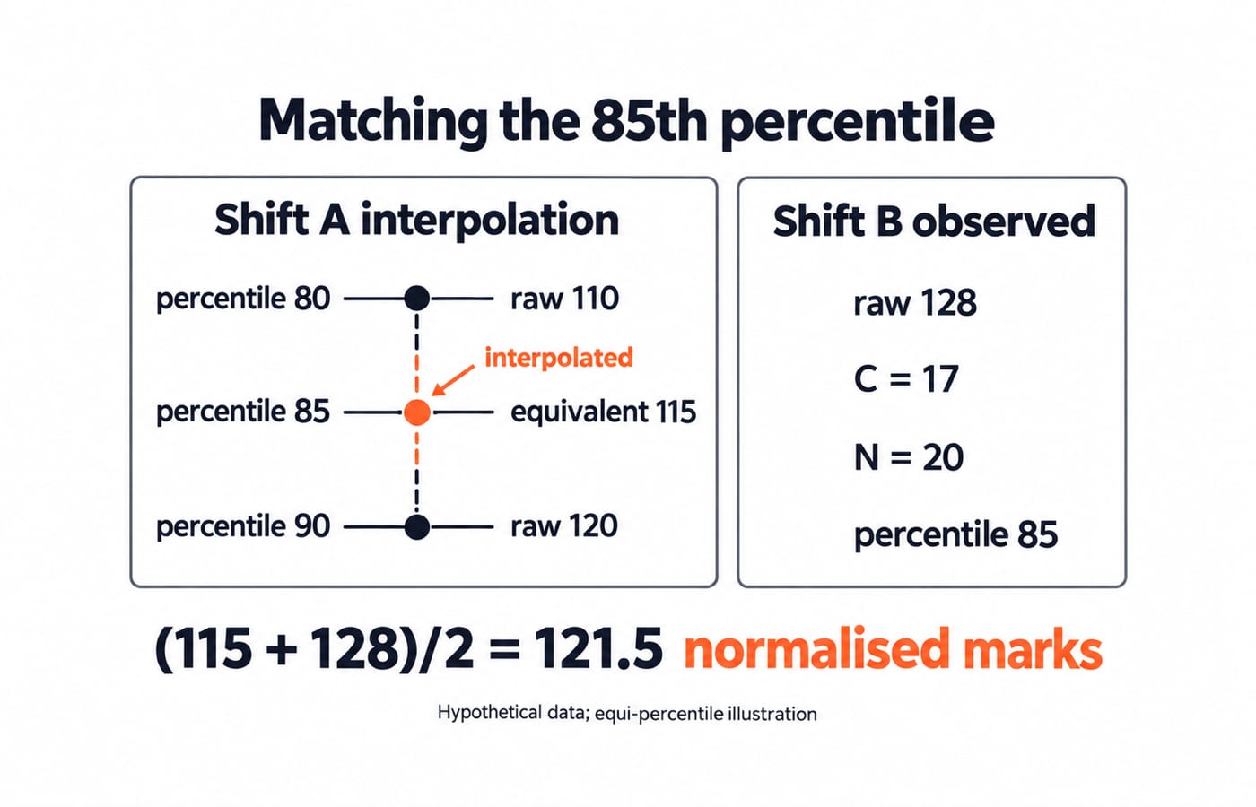 Matching the 85th percentile gives 121.5 normalised marks. Left panel labelled “Shift A interpolation”: percentile 80 → raw 110; percentile 85 → equivalent 115, dashed marker labelled “interpolated”; percentile 90 → raw 120. Right panel labelled “Shift B observed”: raw 128, C = 17, N = 20, percentile 85. Bottom calculation: (115 + 128)/2 = 121.5 normalised marks. Footer: “Hypothetical data; equi-percentile illustration”.