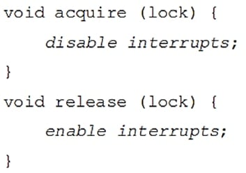 Pseudocode in which the acquire routine disables interrupts and the release routine enables them again.