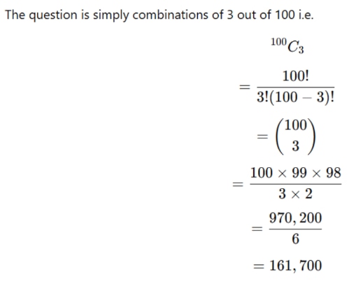 Worked calculation showing 100C3 = 161700