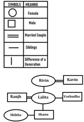 Family tree showing Rivin married to Kavin, their children Lalita and Vashudha; Lalita married to Ranjh, their children Shanu and Shikha