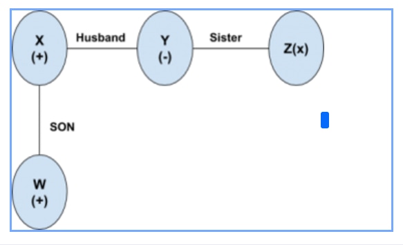 Family-tree diagram showing X married to Y, Y as sister of Z, and X's son W.