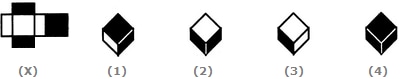 Net (X) folds into a box; four candidate boxes numbered (1) to (4) are shown