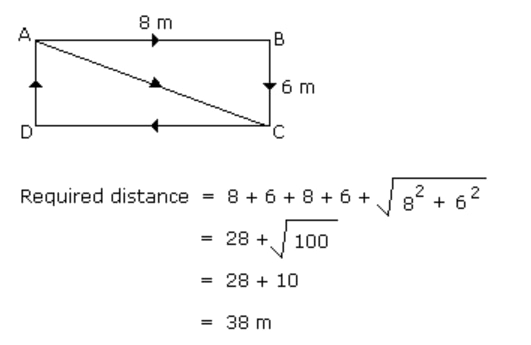 Rectangle ABCD with AB = 8 m, BC = 6 m and diagonal AC, showing the perimeter-plus-diagonal calculation