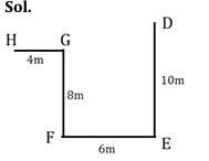 Diagram showing the path H to G to F to E to D with the marked distances of 4 m, 8 m, 6 m and 10 m