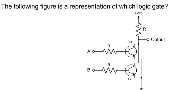 Transistor circuit with two NPN transistors T1 and T2, base resistors on inputs A and B, and a pull-up resistor R from +Vcc to the Output node