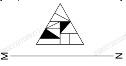 An upright segmented triangle standing above a horizontal water line labelled M on the left and N on the right. Inside the triangle a wide black band lies low in the left half, a small black triangle lies just above the mid-height right of centre, and a pair of small white boxes sits at the right end of the lower strip.