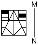 A square line figure with shaded horizontal bands in the upper-left and middle-right regions; the vertical mirror line MN is on the right.