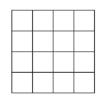 Four-by-four square grid consisting of sixteen equal square cells