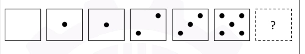 A sequence of seven square tiles contains 0, 1, 1, 2, 3, and 5 dots, followed by a question mark.