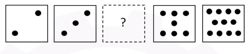 Sequence of five square tiles: 2 dots, 3 dots, a missing tile, 7 dots, and 11 dots.