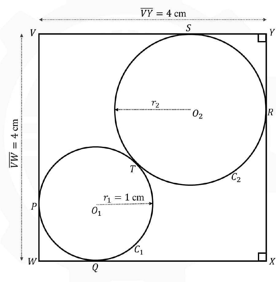Square VWXY containing two tangent circles C1 and C2 with the labelled contact points and side lengths.