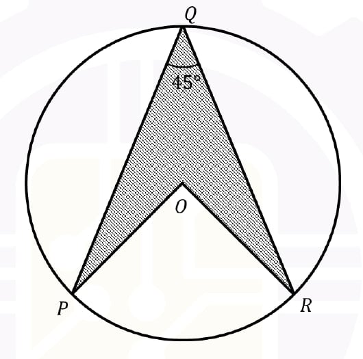 Source circle diagram for GATE 2026 Q.10 showing P, Q, R, O, shaded region, and 45 degree angle.