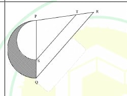 Triangle PQR with T on PR, S on PQ, ST parallel to QR, and shaded crescent between semicircles with diameters PQ and PS.