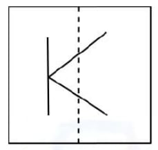 Square sheet with a K-shaped line drawing and a dashed vertical fold through its centre.