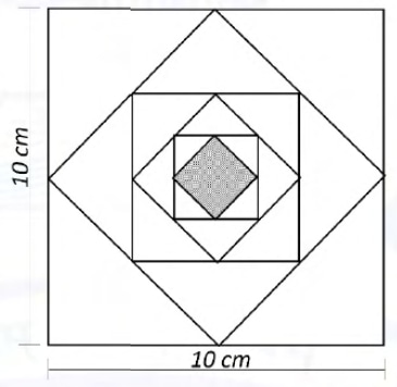 Six concentric squares are shown, alternating between upright squares and diagonal diamond-shaped squares. The outermost upright square is labelled 10 cm on its left and bottom sides; the next outline is a large diamond, followed inward by an upright square, a smaller diamond, a smaller upright square, and a central shaded diamond.