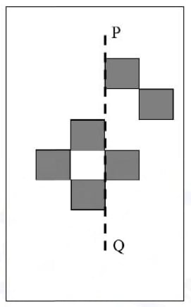 Inside a rectangular frame, a dashed vertical line runs from P at the top to Q at the bottom. Six shaded squares occupy five equal-height rows. From top to bottom: one square is immediately right of the line; one square is one column farther right; one square is immediately left of the line; two squares share a row, one a column farther left and one immediately right of the line; and one square is immediately left of the line. Three squares lie on each side of P-Q.