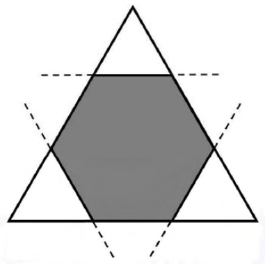 Equilateral triangle with its three corners separated by dashed cut lines; the resulting central regular hexagon is shaded grey.