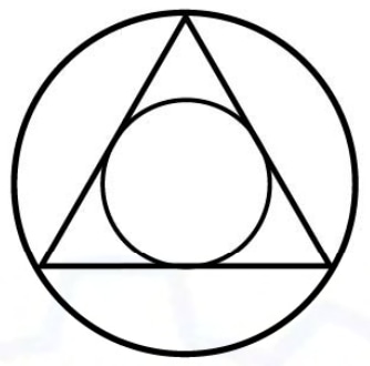 An upright equilateral triangle lies between its outer circumcircle and inner incircle; the triangle vertices touch the outer circle and its three sides touch the inner circle.