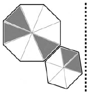 An eight-sided polygon divided from its centre into eight triangular sectors touches a smaller six-sided polygon at its lower right. The larger polygon has gray upper-left, left and lower-right sectors; the smaller has gray upper-right and right sectors. A vertical dotted mirror line stands immediately to their right. No labels or numerical values are printed.