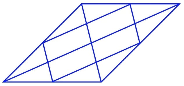 A blue-line quadrilateral subdivided by straight blue segments, with no printed point labels. For positional description only, call the outer vertices A (bottom left), B (upper left), C (upper right) and D (bottom right), in boundary order. E lies on side AB, F on BC, G on CD and H on DA. The outer boundary is AB, BC, CD and DA. The complete internal segments are AC, BD, EF, HG, EH and FG. AC crosses EH, BD and FG; BD also crosses EF and HG. EF joins E to F, HG joins H to G, EH joins E to H, and FG joins F to G. All these crossings and endpoint junctions are continuous blue lines; the locator letters are not source labels.