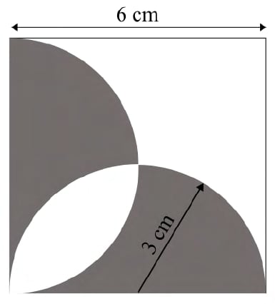A square with a horizontal double-ended dimension arrow above its top side labelled 6 cm. Two semicircles lie inward within the square: one has the left side as its diameter and bulges rightward, and the other has the bottom side as its diameter and bulges upward. Their overlap is a white lens from the bottom-left corner to the square center. The portions inside exactly one semicircle are grey; the upper-right region outside both is white. An arrow labelled 3 cm runs diagonally upward and rightward from the midpoint of the bottom side to the arc of the bottom-diameter semicircle.