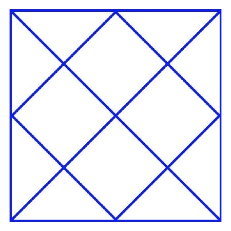 Blue square outline with both corner-to-opposite-corner diagonals and a diamond joining the midpoints of its four sides; all line intersections and closed contours preserved. No printed point labels.