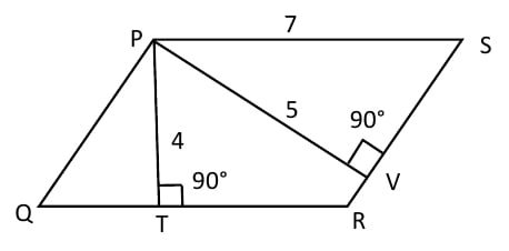Parallelogram P Q R S: P upper left, Q lower left, R lower right, S upper right. PS is labelled 7. T is on QR and V is on RS. PT is labelled 4 and PV is labelled 5. Both PT at T and PV at V have square right-angle markers with printed 90° labels. All P, Q, R, S, T, V labels retained.