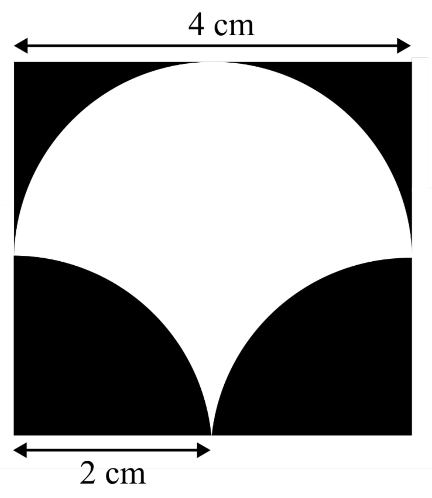 Square with full-width upper double-arrow dimension 4 cm and lower left-to-middle double-arrow dimension 2 cm. Black corner/lower regions flank a white curved interior, bounded by the top semicircle and two lower arcs. All dimension labels and arrowheads retained. Very faint rectangular/raster boundary traces appear in the source and crop; they are not missing question content.