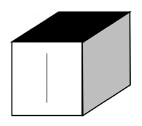 Perspective cube with black top face, grey right face and white front face bearing a short vertical line. All three visible face boundaries are black.