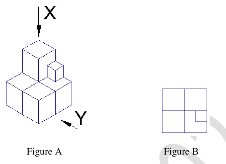 Figure A shows the assembled five large cubes and one smaller cube with viewing directions X and Y; Figure B shows the planar projection from direction X.