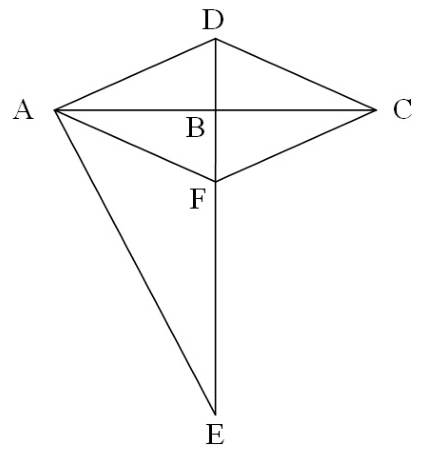 Rhombus AFCD with A left, D top, C right and F bottom. Diagonals AC and DF meet at B; DF extends through F to E, and A is joined to E.
