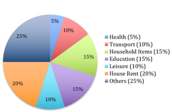 Pie chart of monthly family expenditure: Health 5%, Transport 10%, Household Items 15%, Education 15%, Leisure 10%, House Rent 20%, and Others 25%.